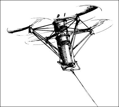 Asboth's helicopter as patented on 30 April 1917. There are crew and machine-gun positions above and below the rotor plane.